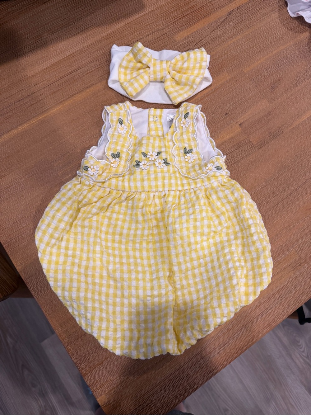 Baby Essentials Yellow Gingham Bubble Romper with Bow Headband